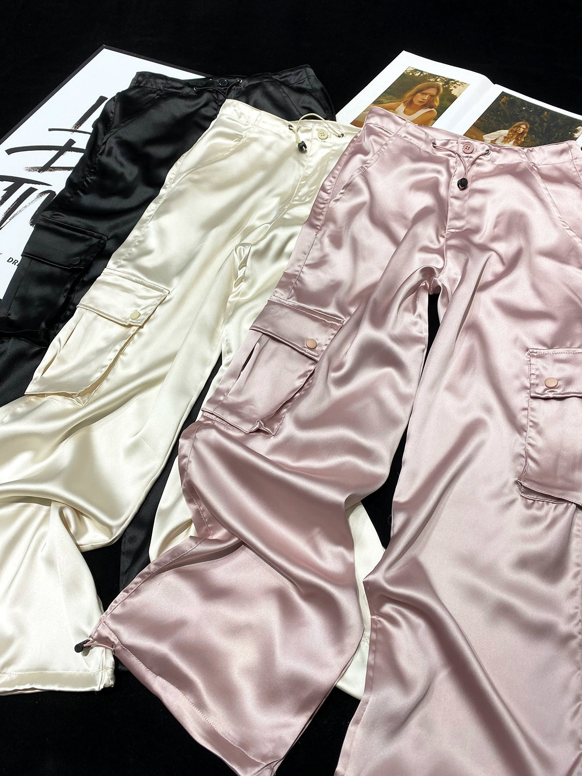 Champagne Mami Satin Cargo Pants