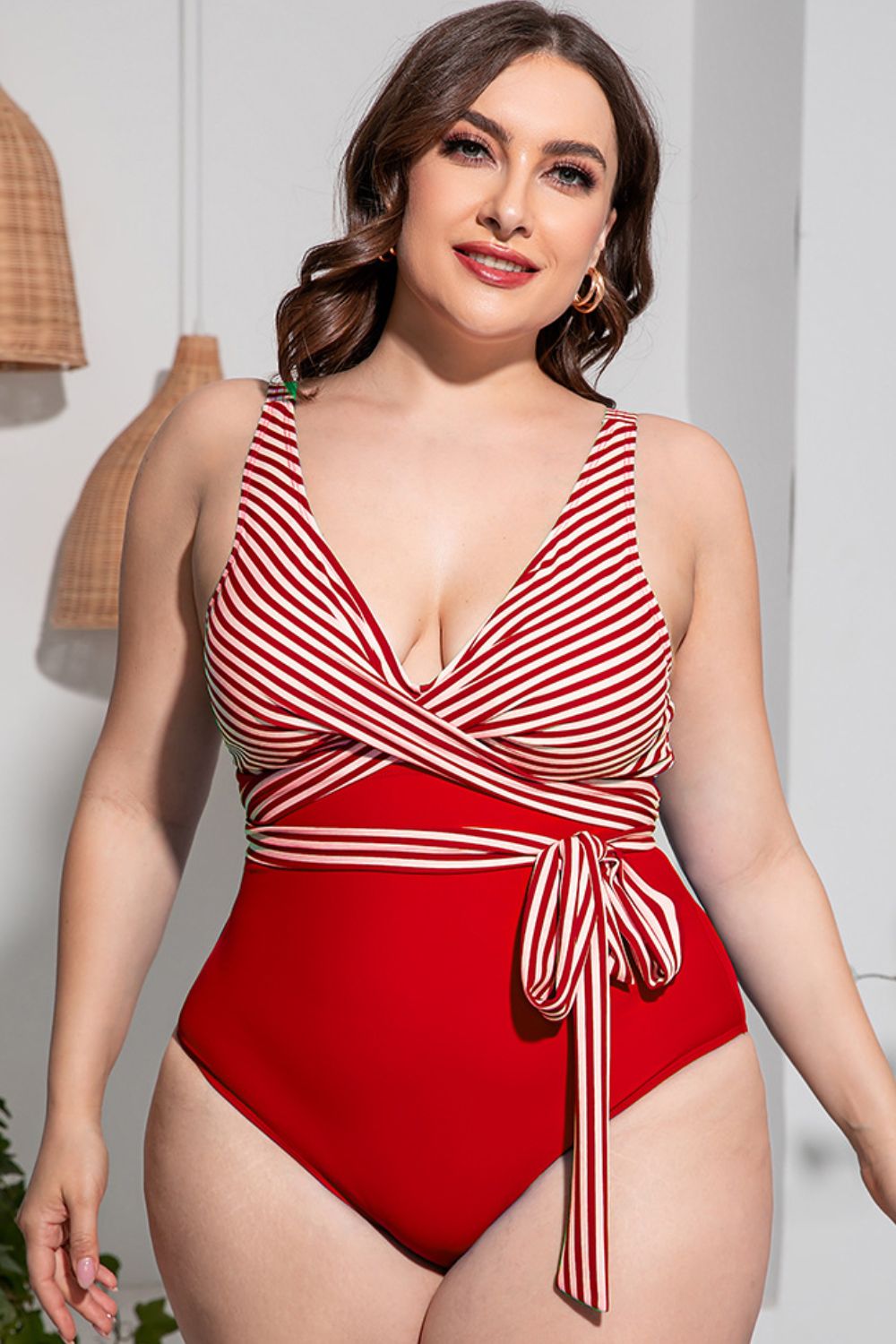 Chic Curvy Striped Tie-Waist One-Piece Swimsuit