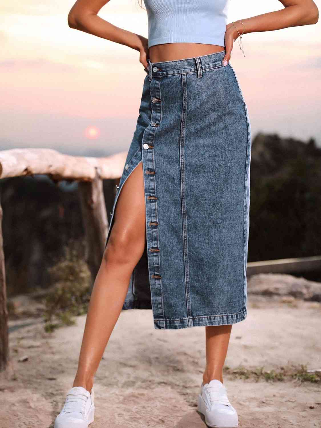 Button Me  Down Denim Skirt