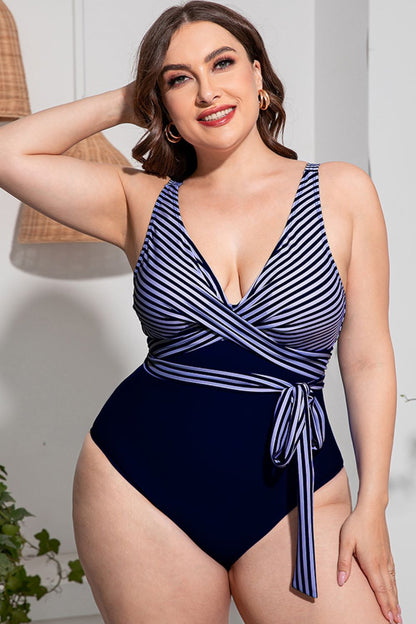 Chic Curvy Striped Tie-Waist One-Piece Swimsuit