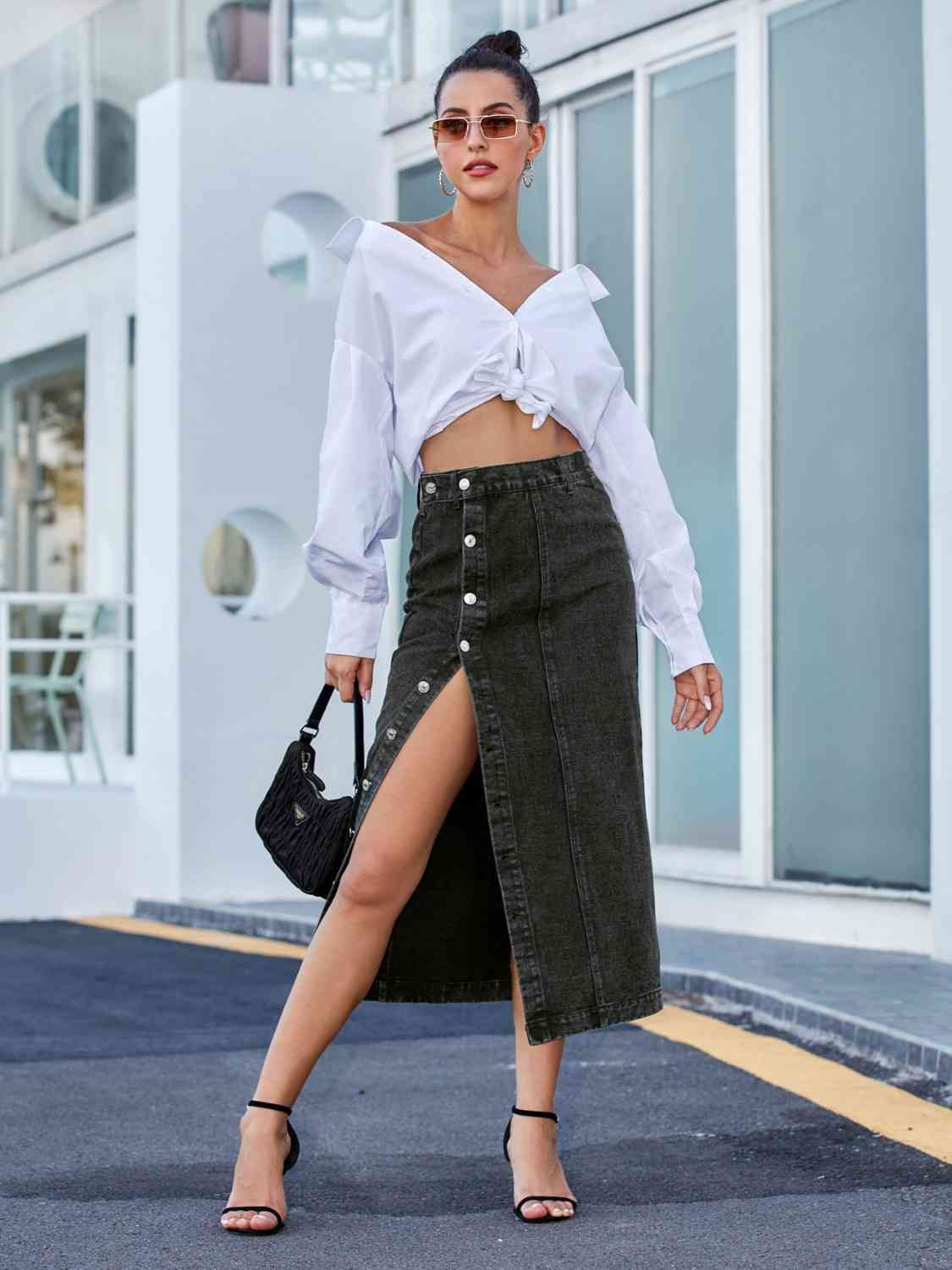 Button Me  Down Denim Skirt