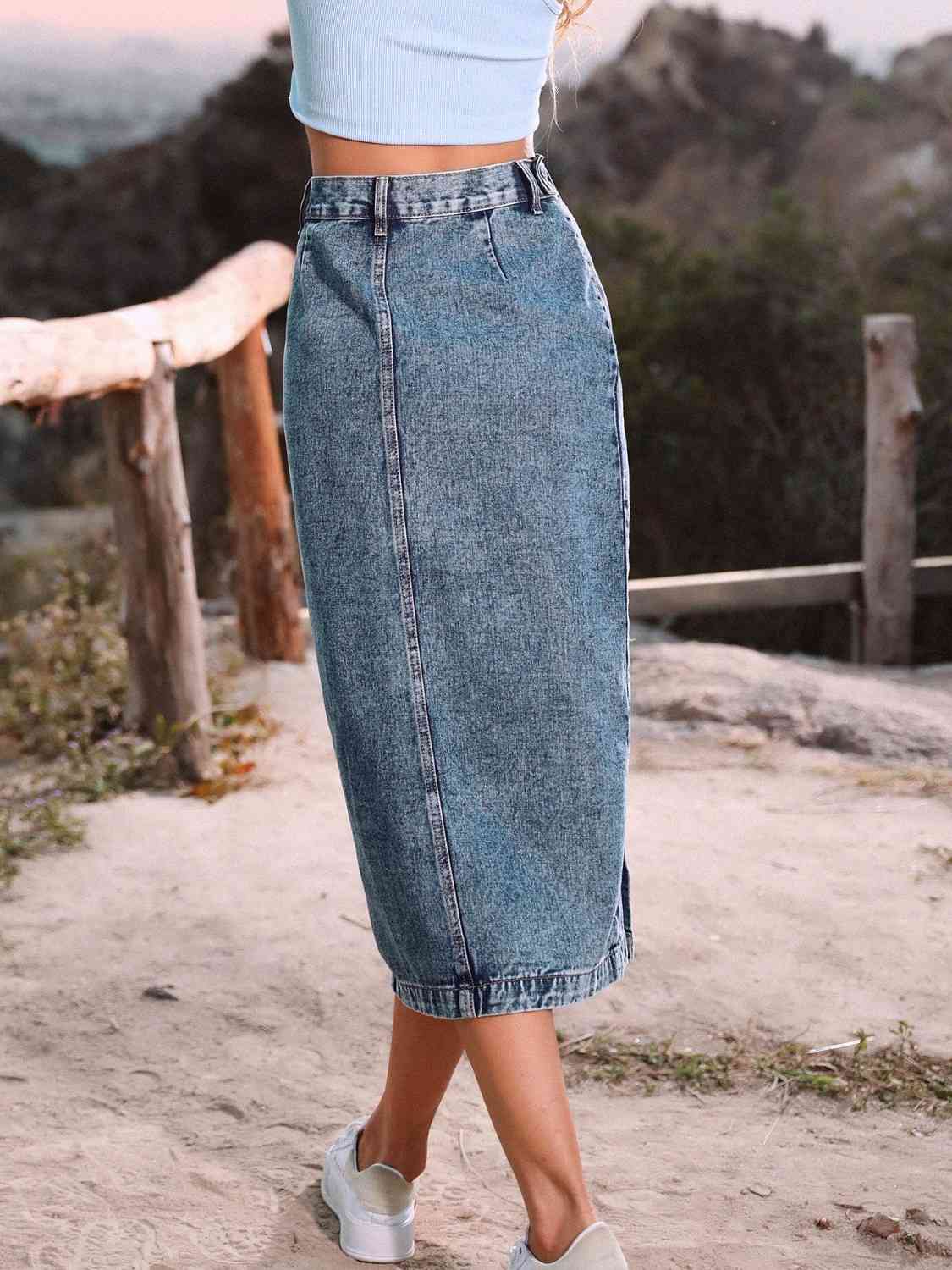 Button Me  Down Denim Skirt