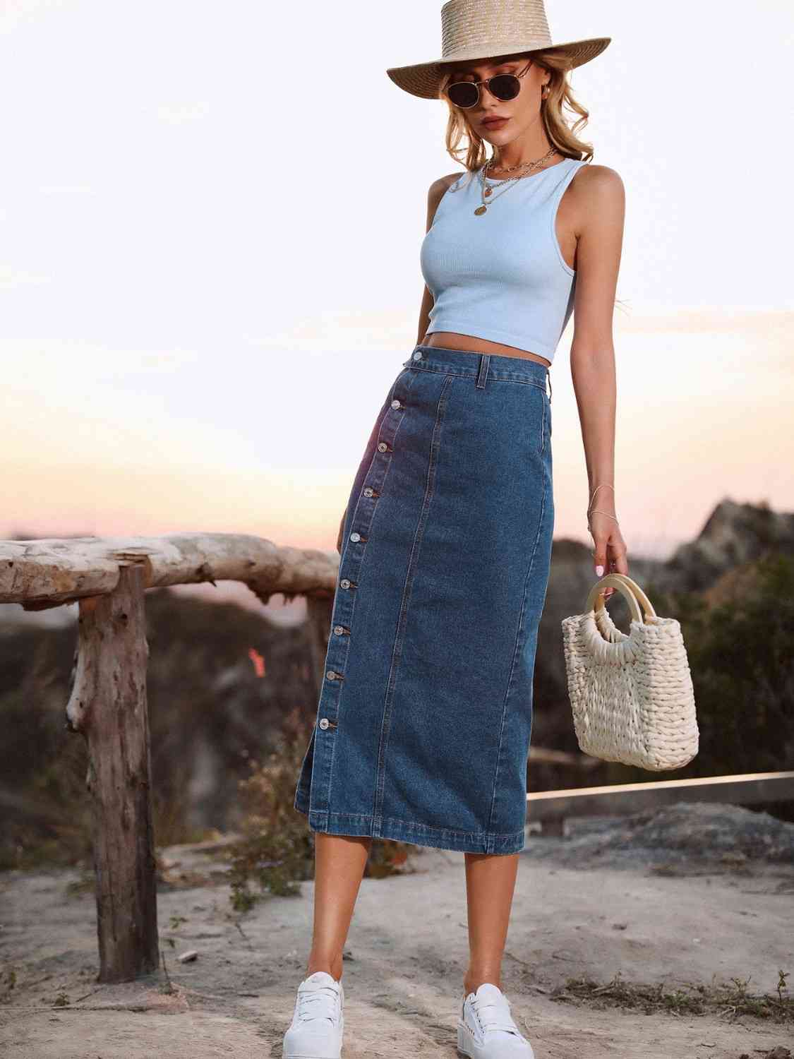 Button Me  Down Denim Skirt