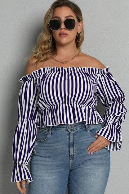 Plus Size Striped Frill Off-Shoulder Peplum Blouse