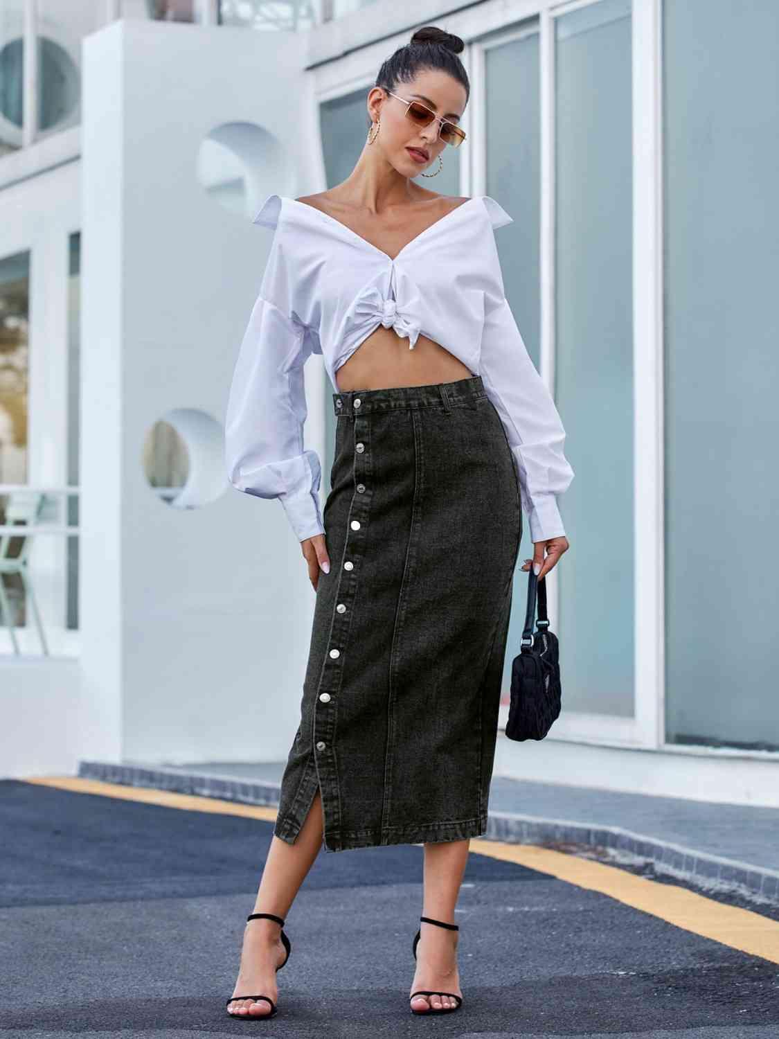 Button Me  Down Denim Skirt