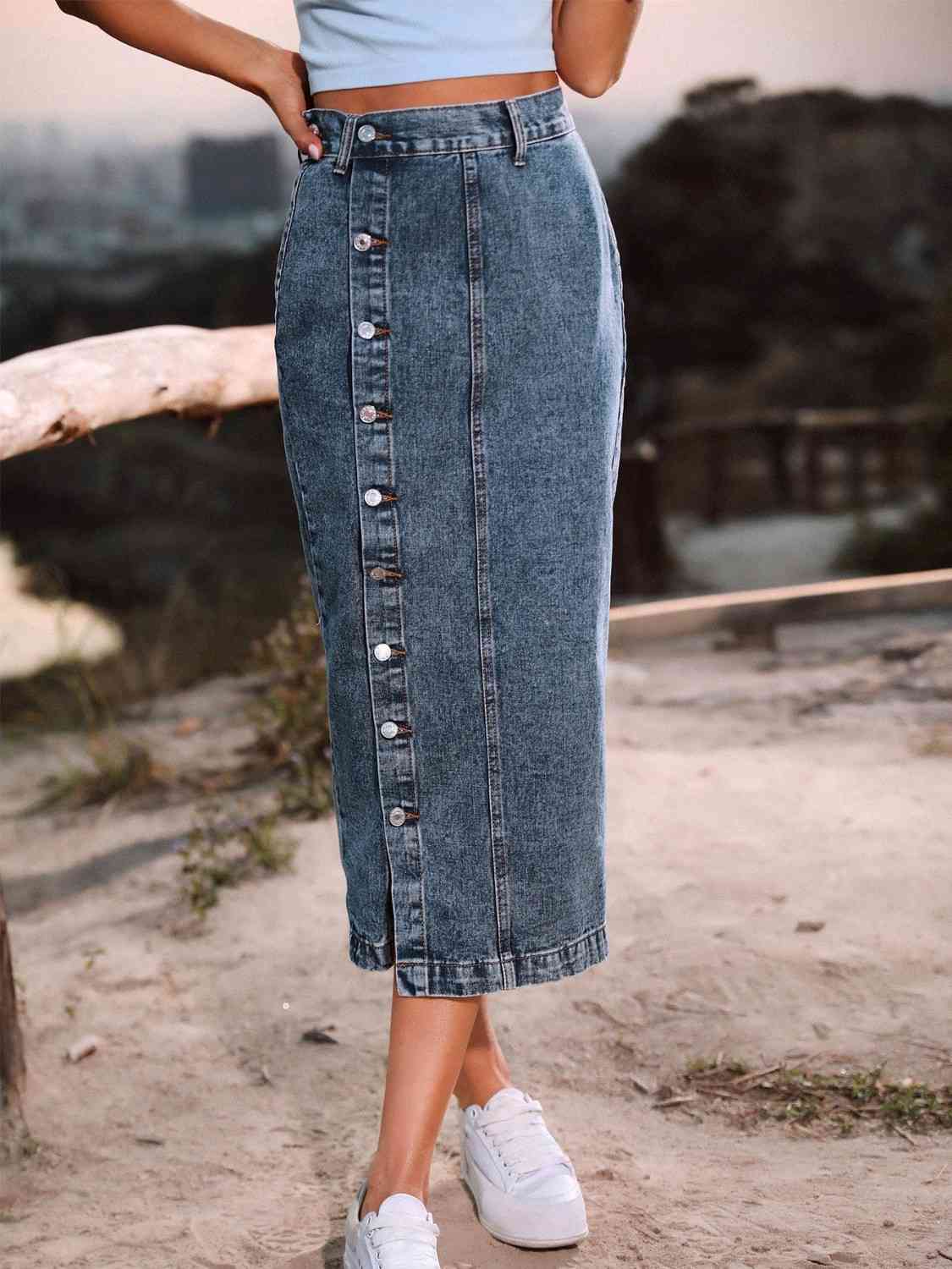 Button Me  Down Denim Skirt