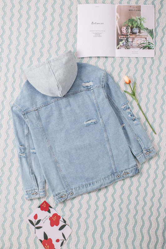 Don’t Trip Distressed Hooded Denim Jacket