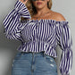 Plus Size Striped Frill Off-Shoulder Peplum Blouse