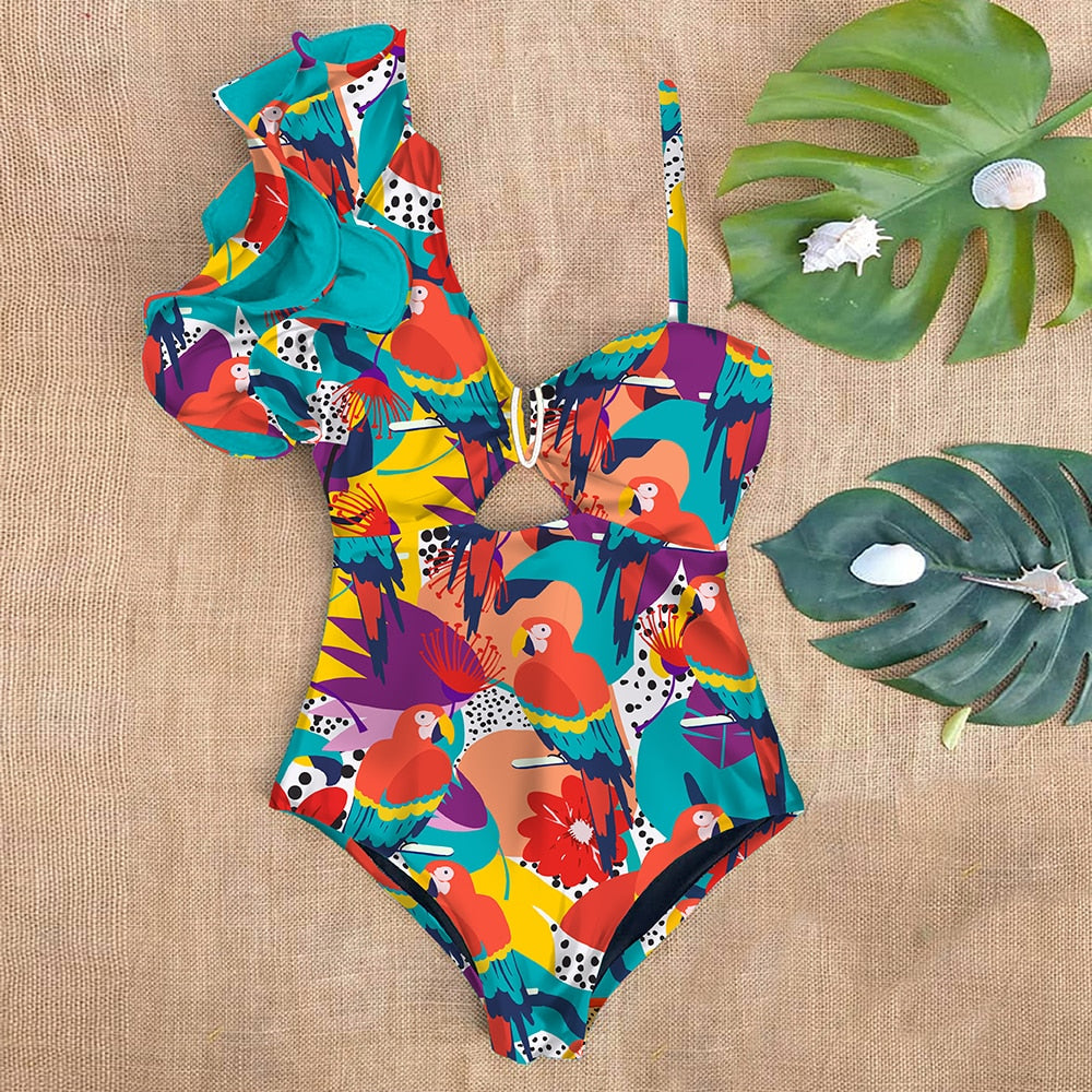 Sexy One Shoulder Ruffle One Piece Swimsuit Print Floral Swimwear Women Swimsuit Bathing Suit Beachwear Monokini