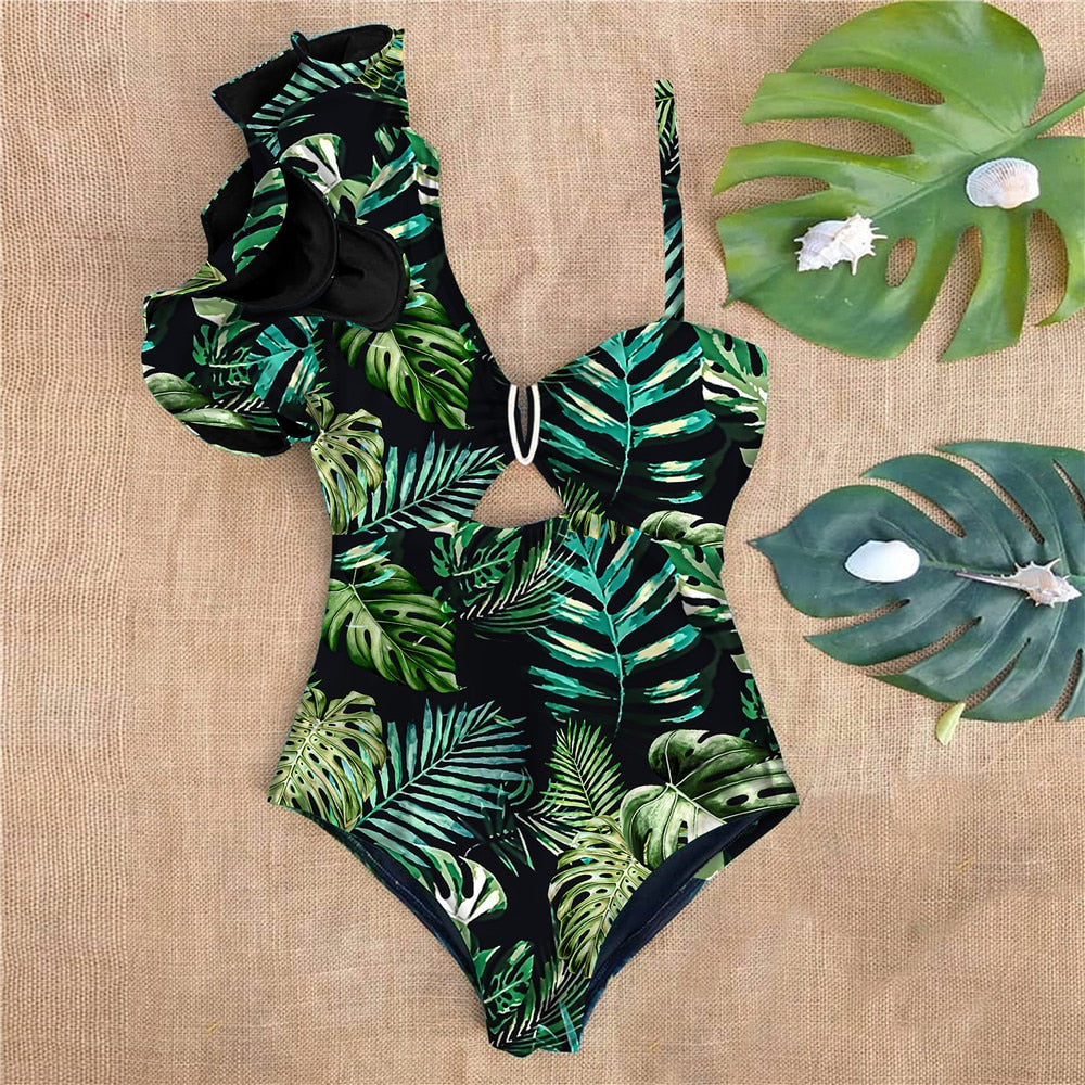 Sexy One Shoulder Ruffle One Piece Swimsuit Print Floral Swimwear Women Swimsuit Bathing Suit Beachwear Monokini