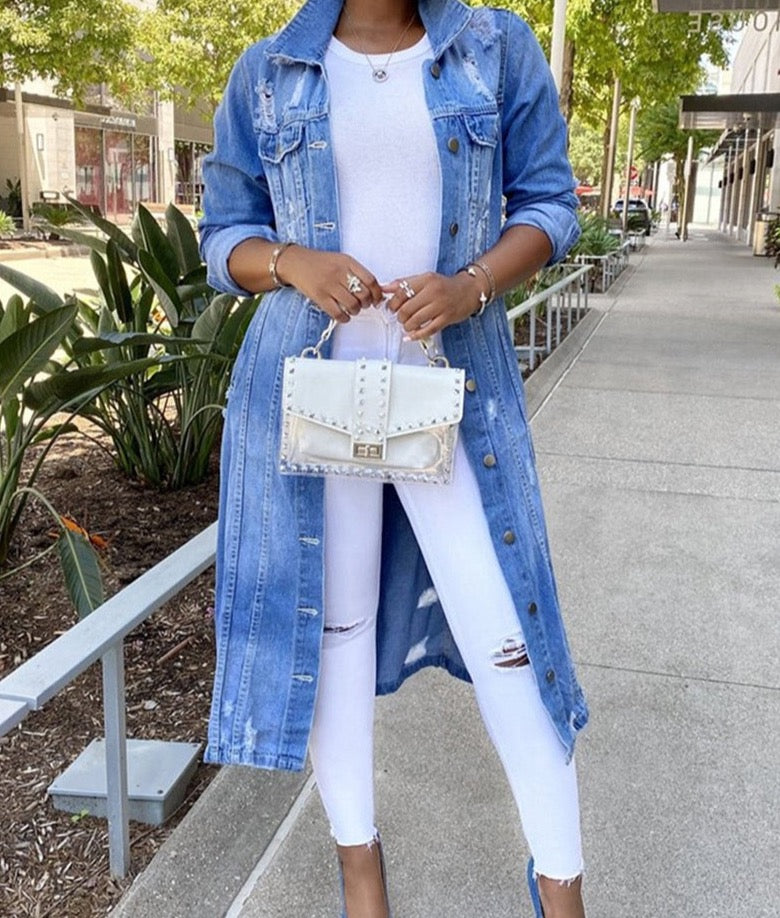 All In Sexy Ripped Long Denim Jacket