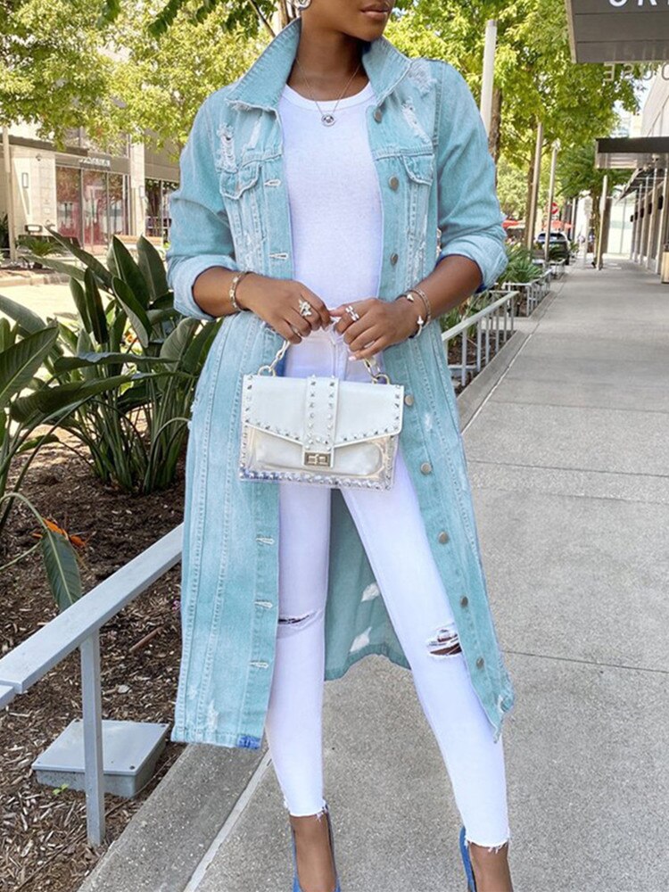 All In Sexy Ripped Long Denim Jacket