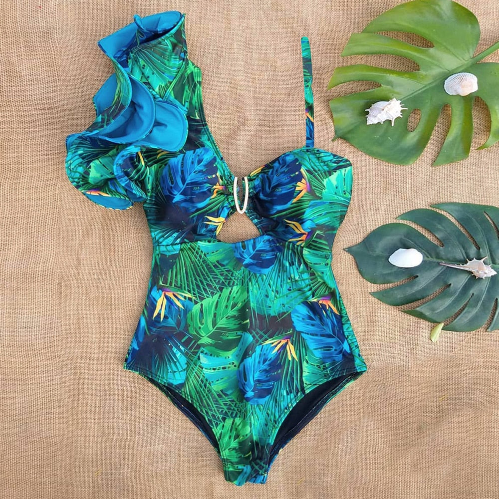 Sexy One Shoulder Ruffle One Piece Swimsuit Print Floral Swimwear Women Swimsuit Bathing Suit Beachwear Monokini