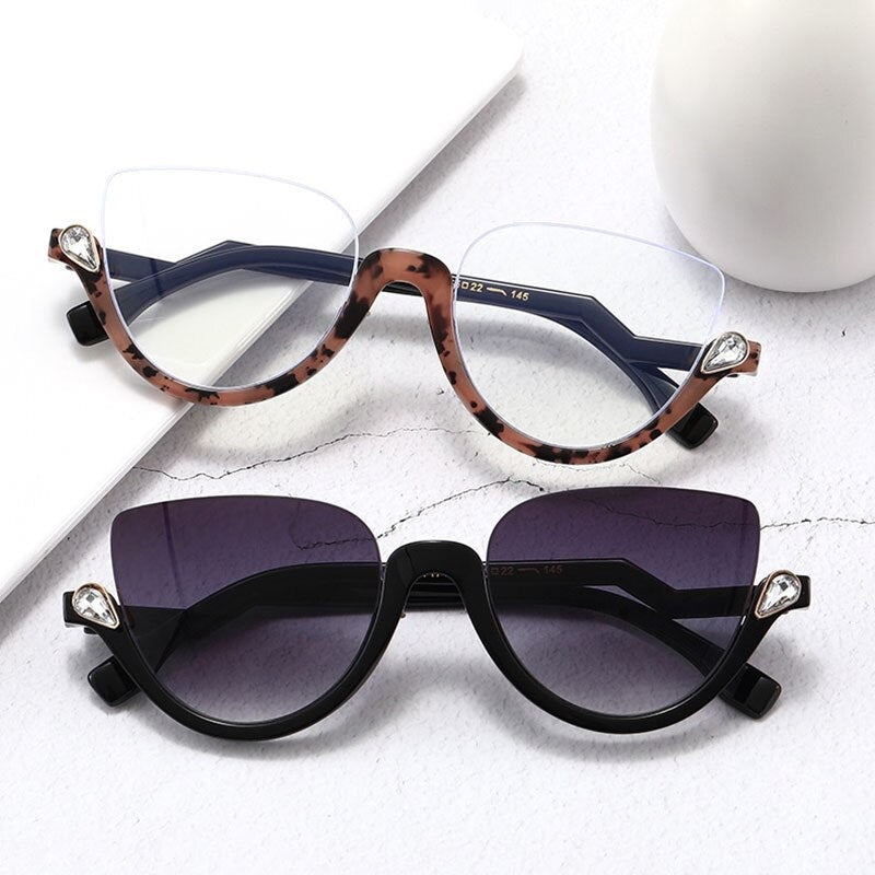 Crystal Half Frame Cat Eye Sunglasses