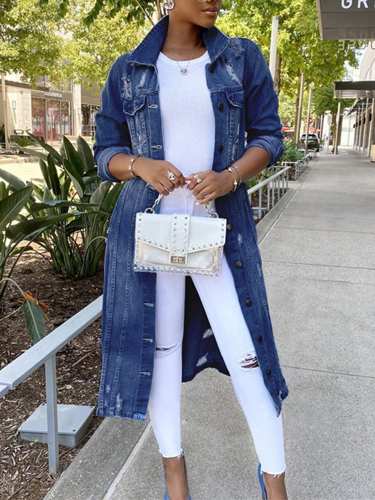 All In Sexy Ripped Long Denim Jacket