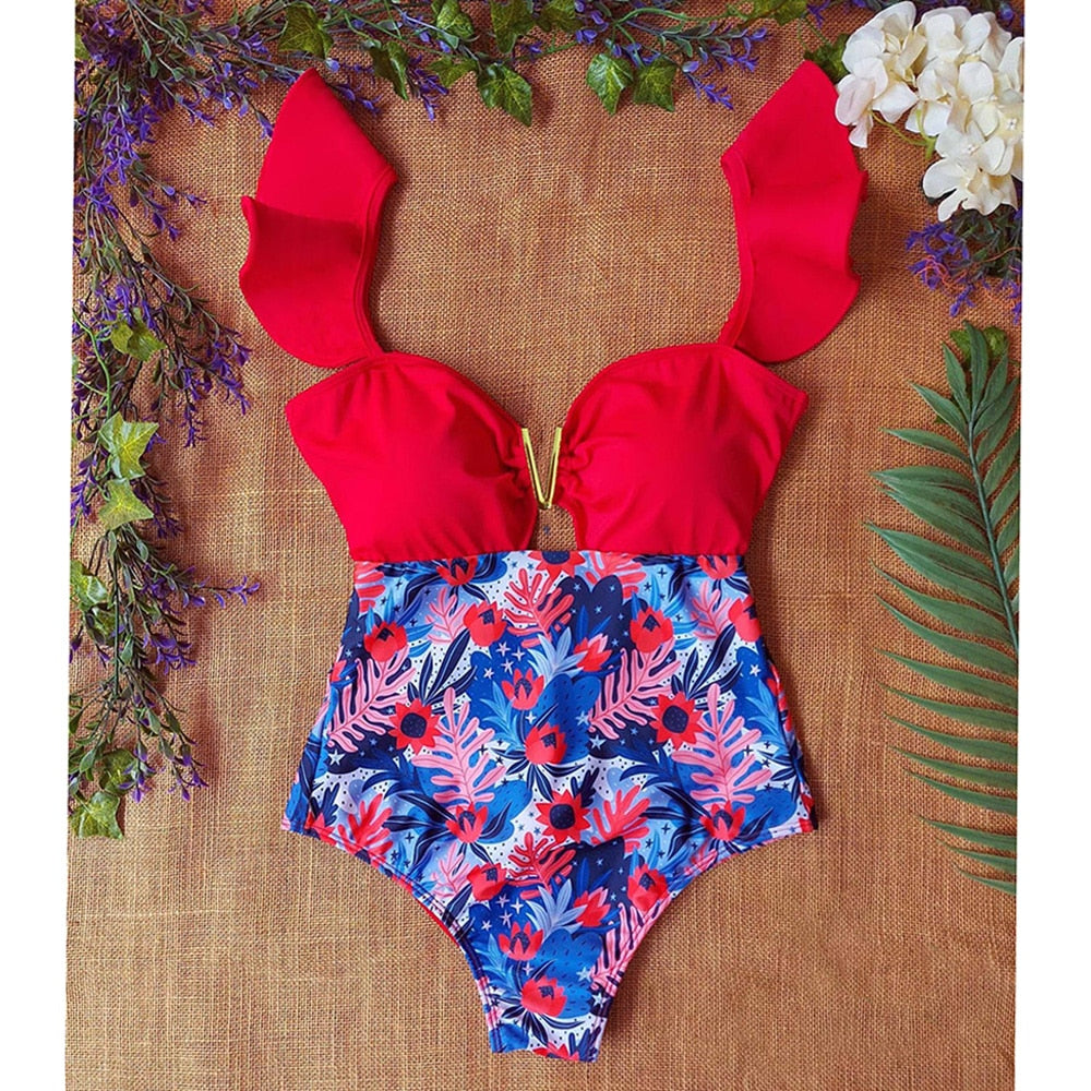 Sexy One Shoulder Ruffle One Piece Swimsuit Print Floral Swimwear Women Swimsuit Bathing Suit Beachwear Monokini