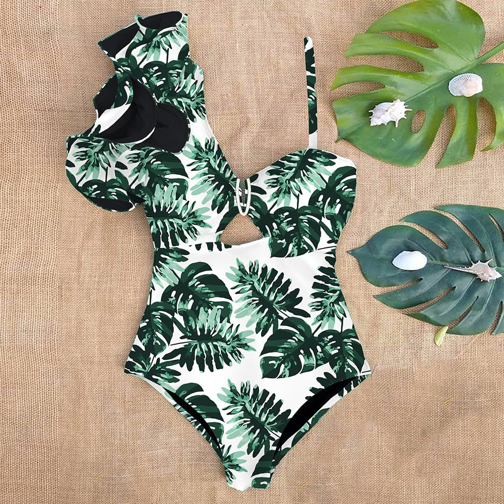 Sexy One Shoulder Ruffle One Piece Swimsuit Print Floral Swimwear Women Swimsuit Bathing Suit Beachwear Monokini