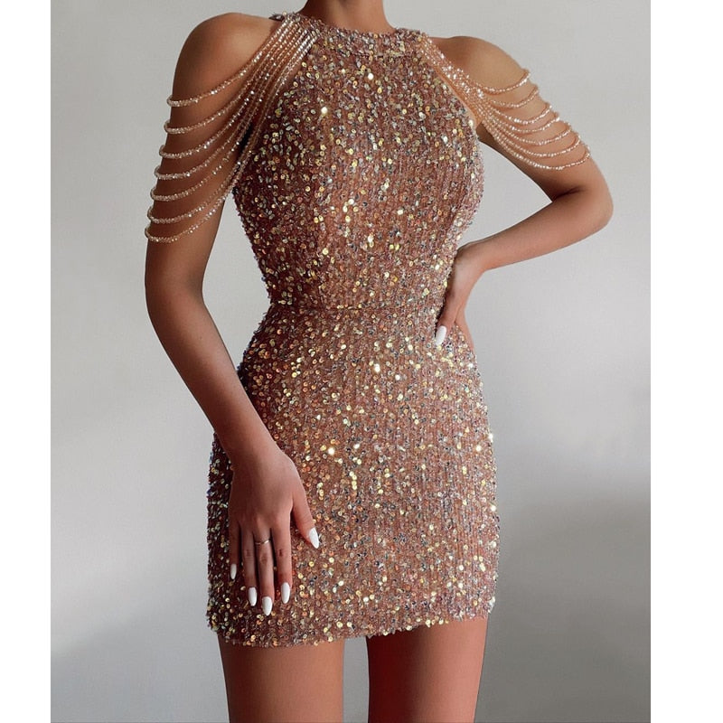 In A Daze Off Shoulder Gold Sequin Dress