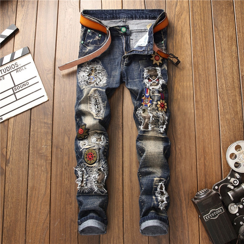 Men’s Ripped  Embroidered Skinny Jeans