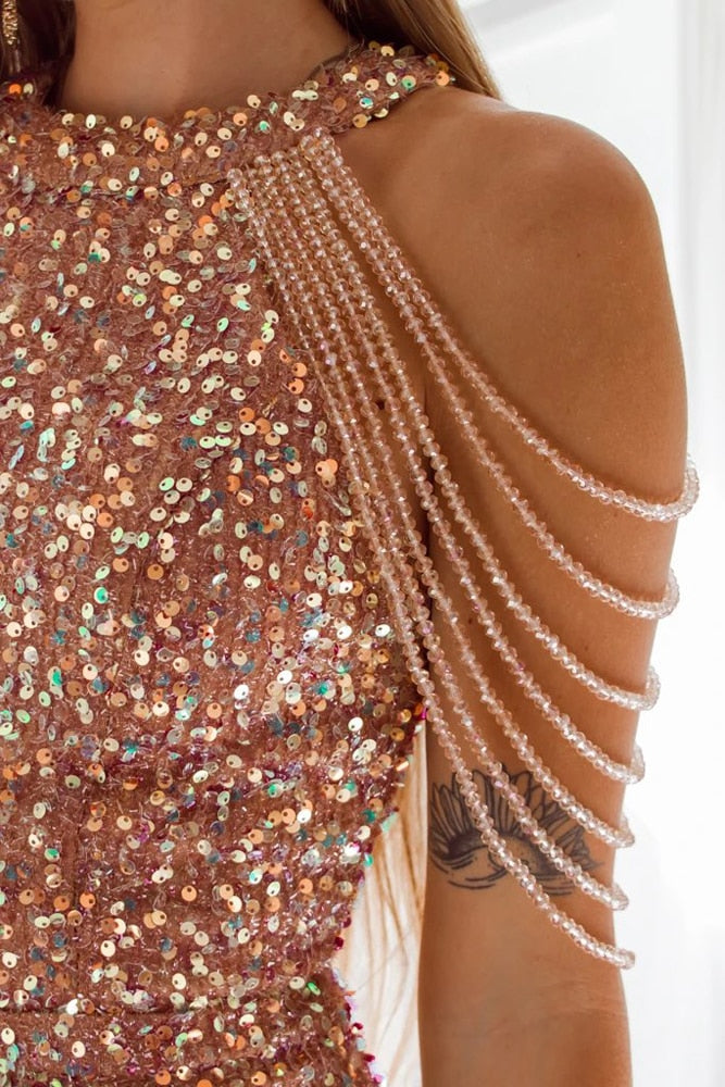 In A Daze Off Shoulder Gold Sequin Dress