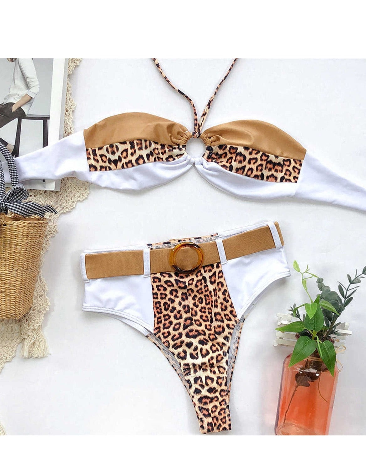 Ms. Sassy Belted Leopard Print High Waist Bikini- Khaki Combo