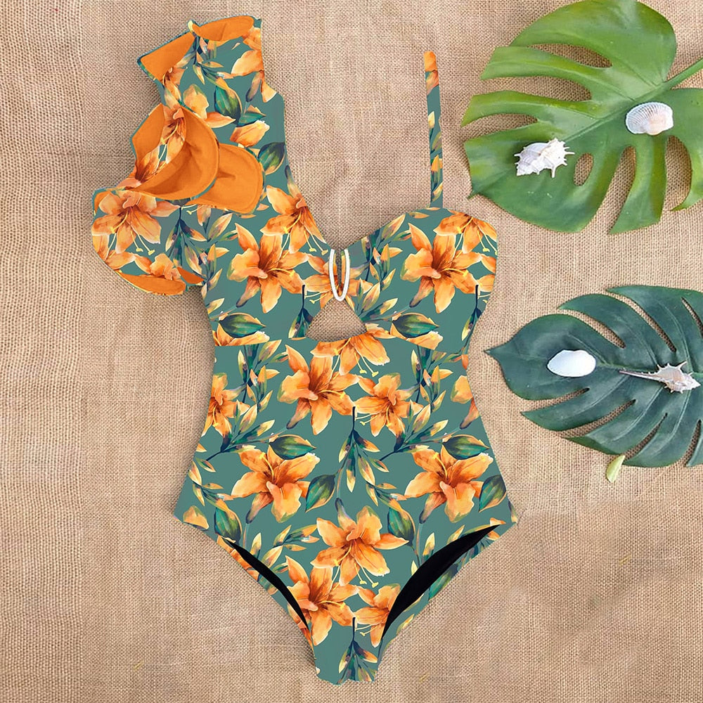 Sexy One Shoulder Ruffle One Piece Swimsuit Print Floral Swimwear Women Swimsuit Bathing Suit Beachwear Monokini