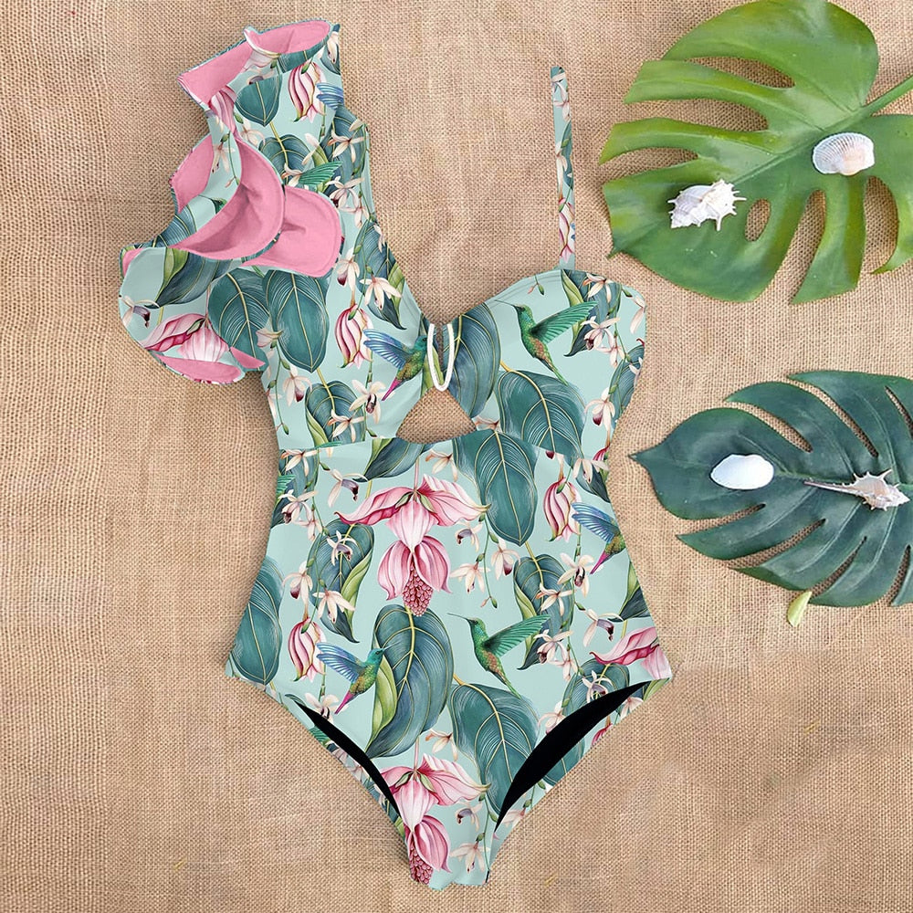 Sexy One Shoulder Ruffle One Piece Swimsuit Print Floral Swimwear Women Swimsuit Bathing Suit Beachwear Monokini