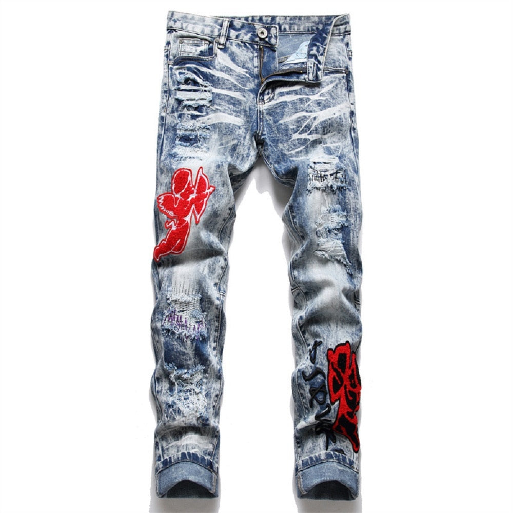 Men’s Ripped  Embroidered Skinny Jeans