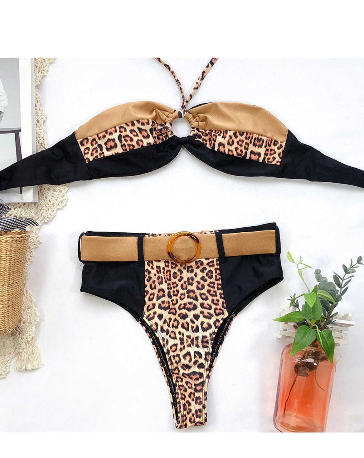 Ms. Sassy Belted Leopard Print High Waist Bikini- Khaki Combo