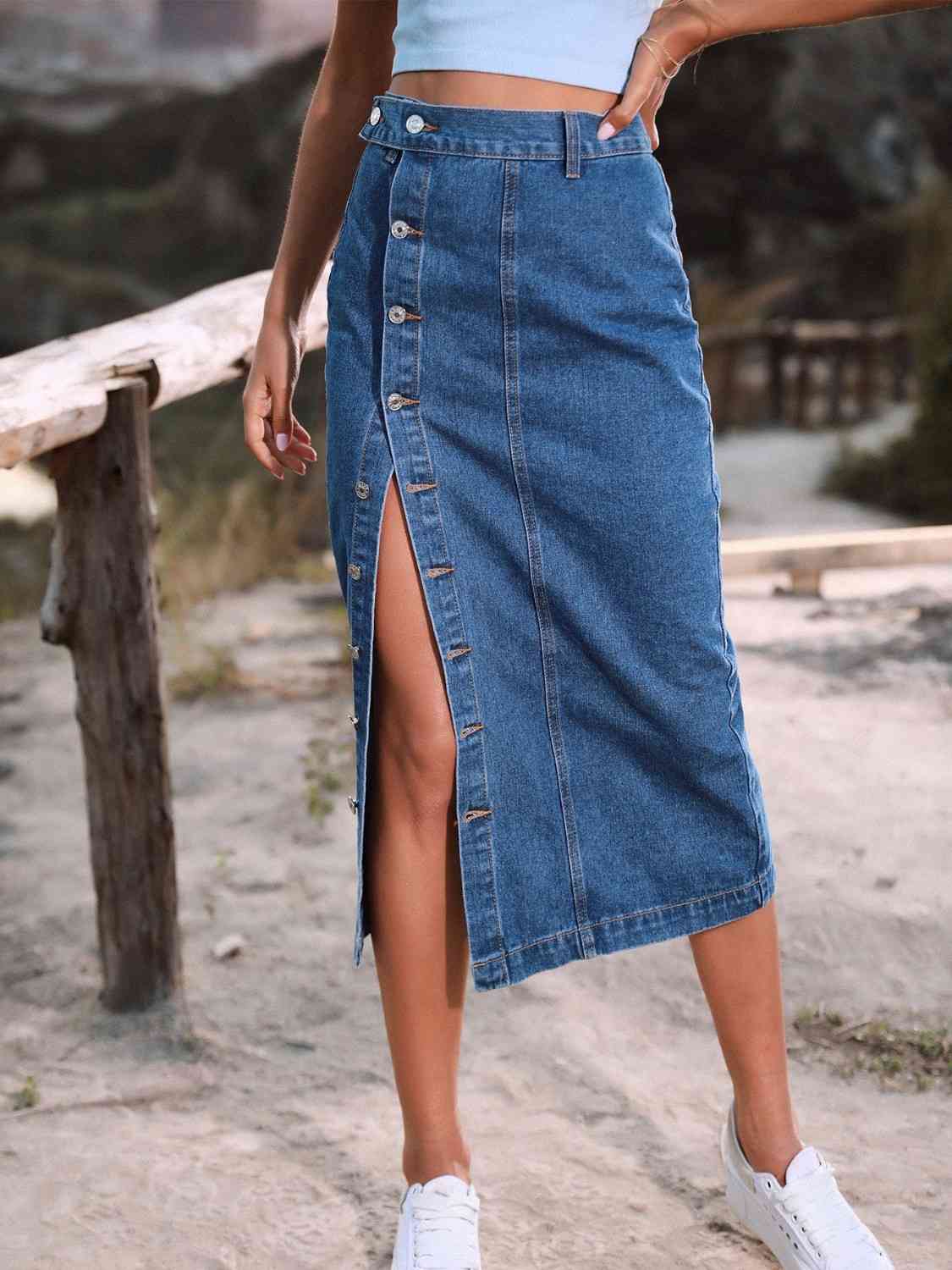 Button Me  Down Denim Skirt