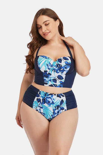 Plus Size Floral Lace-Up Halter Neck Bikini Set