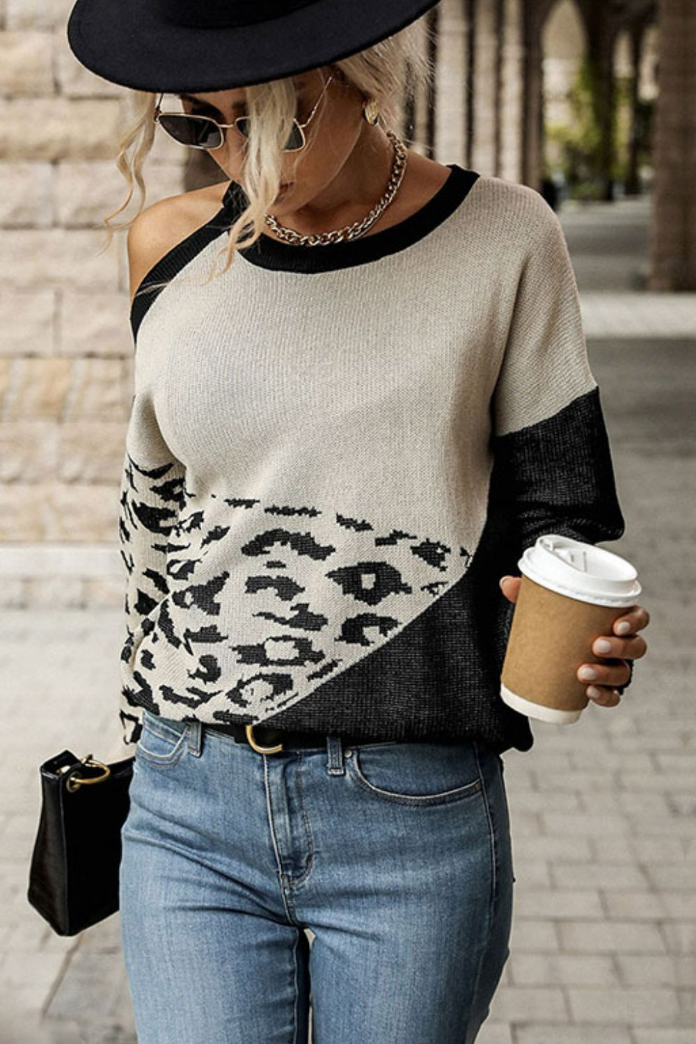 Leopard print Cold-Shoulder Sweater