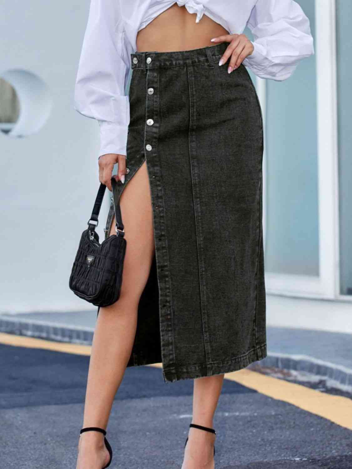 Button Me  Down Denim Skirt