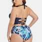 Plus Size Floral Lace-Up Halter Neck Bikini Set