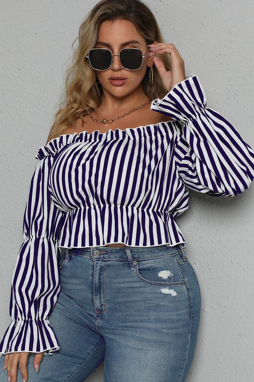 Plus Size Striped Frill Off-Shoulder Peplum Blouse