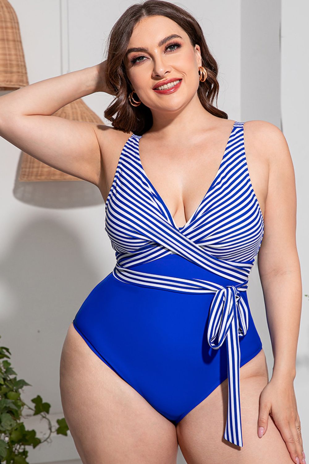 Chic Curvy Striped Tie-Waist One-Piece Swimsuit