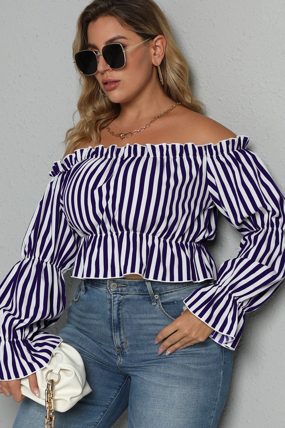 Plus Size Striped Frill Off-Shoulder Peplum Blouse