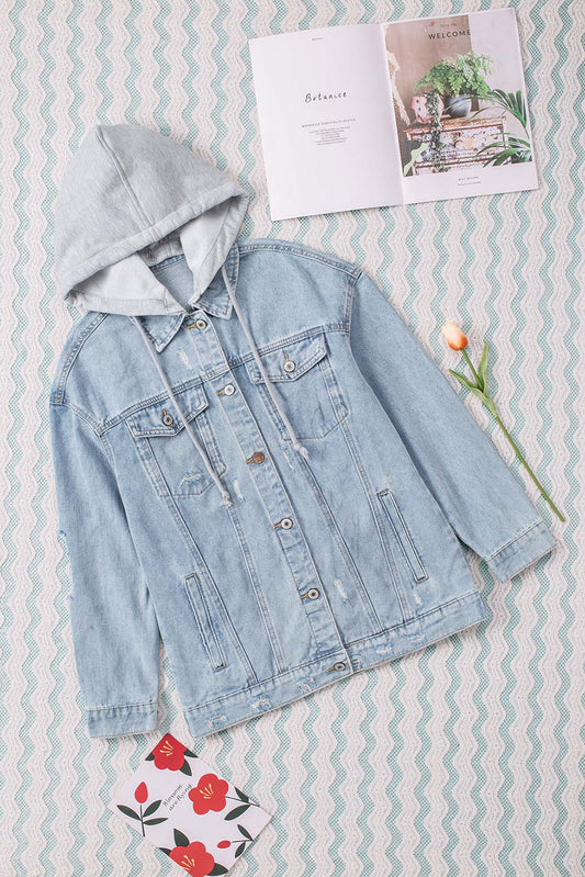 Don’t Trip Distressed Hooded Denim Jacket